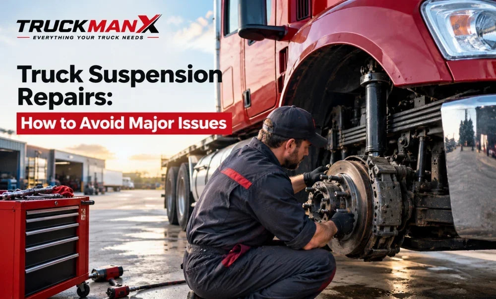 Heavy-duty truck suspension repair with a mechanic inspecting the wheel and suspension components.